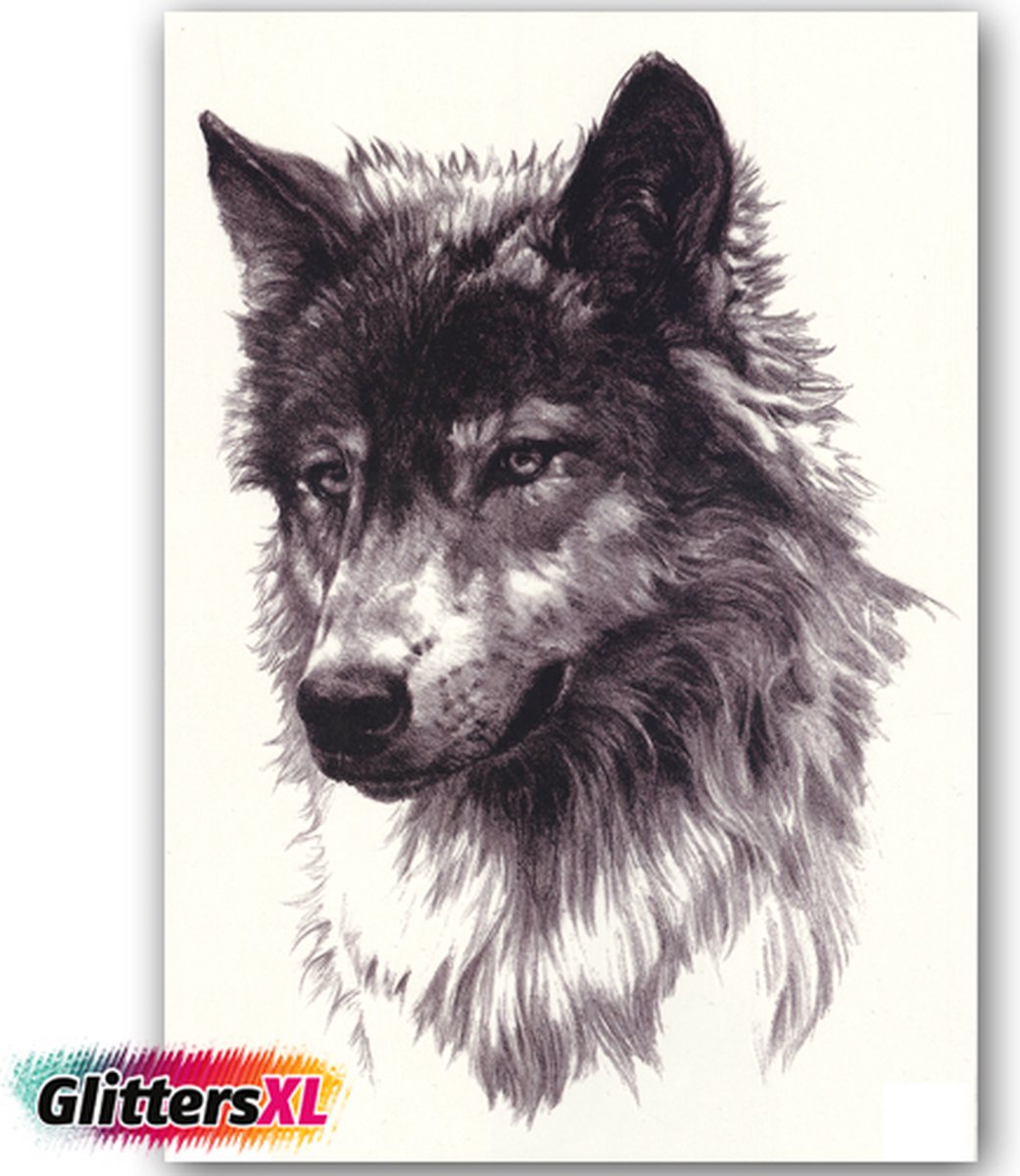 GlittersXL - Temporary Tattoo Wolf (A5 formaat) [Neptattoo - Tijdelijke tatoeage - Nep Fake Tattoos - Water overdraagbare festival sticker henna outfit tattoo - Glitter tattoo - Volwassenen Kinderen Jongen Meisje]